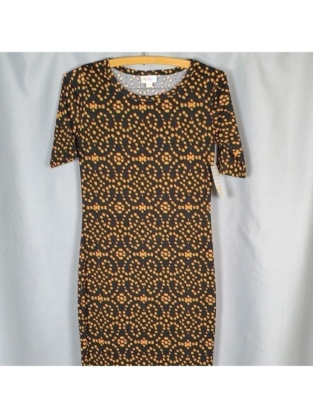 Lularoe Julia Dress Black Gold Green Red Pattern Size XXS
